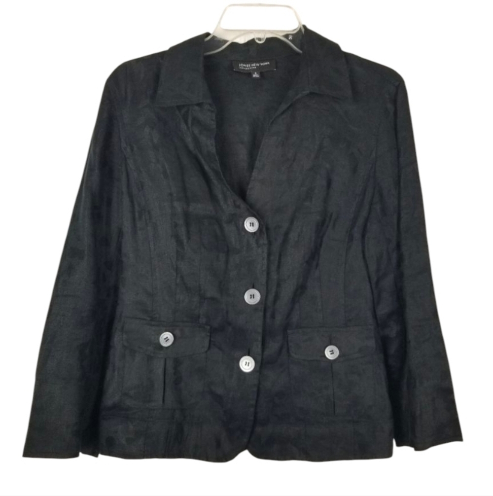 Jones NY Womens 100% Linen Blazer Jacket Size 6 Black Button Breathable Neutral